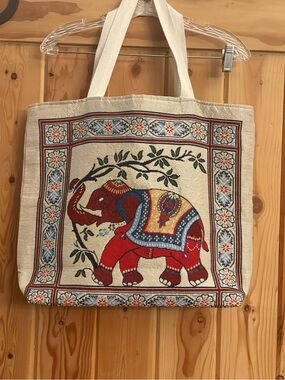 Canvas Elephant Tote Bag with Embroidered Detail - Cream & Red